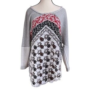 Free People Heather Gray Blue Red Knit Sweatshirt Asymmetrical Inverted‎ Seams
